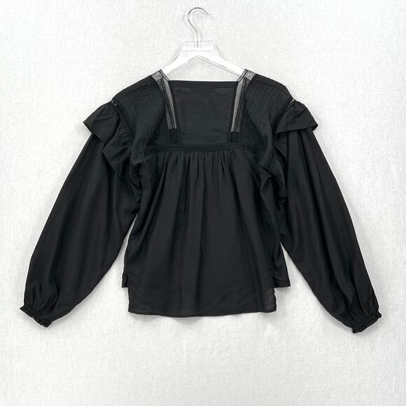 ALLSAINTS Juliette Pintuck Ruffle Top Womens 00 Black Square Neck Balloon Sleeve - Picture 4 of 13